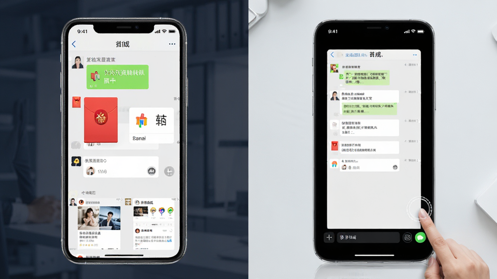 微商截图宝软件功能展示图,画面中一部手机屏幕显示多个聊天截图模板缩略图整齐排列,包括微信对话、红包、转账、朋友圈等场景,另一侧展示用户点击模板后一键生成的逼真截图效果,整体布局左右对比清晰,风格简洁商务,细节丰富,画质高清,干净无杂乱元素