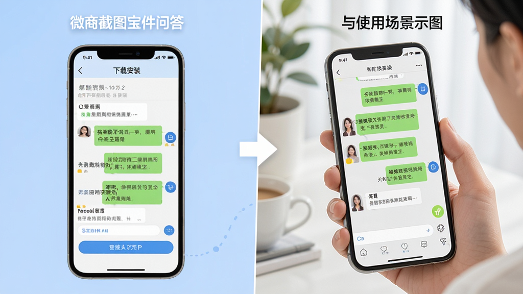 微商截图宝软件问答与使用场景示意图,画面左侧展示手机下载安装界面,右侧展示用户手持手机查看生成好的聊天截图,整体布局左右呼应,风格清新明亮,细节清晰,画质干净,无多余装饰元素