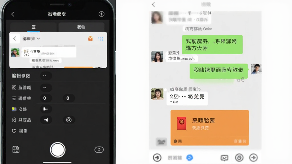微商截图宝实时预览效果展示图,画面中手机屏幕左侧为编辑参数区域,右侧为实时生成的微信聊天截图预览,聊天内容包含文字对话和红包转账,界面色彩还原度高,风格干净清爽,布局左右分栏合理,画质清晰,无多余元素