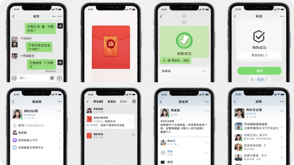 微商截图宝多场景应用展示图,画面以网格布局展示多张不同场景的截图成品,包括聊天对话、红包领取、转账成功、朋友圈点赞评论等,每张截图都清晰展示在独立手机框内,整体风格统一整洁,背景为纯白或浅灰,画质高清,干净无杂乱