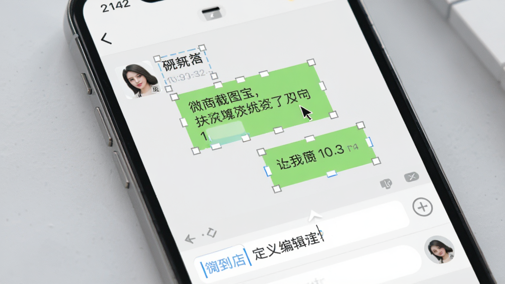 微商截图宝自定义编辑功能界面图,画面展示手机屏幕上正在编辑一条微信聊天记录,可以看到头像、昵称、文字气泡、时间等元素均处于可编辑状态,旁边有光标闪烁和输入框提示,背景为柔和的浅灰质感,布局清晰直观,风格现代简约,画质细腻,干净无多余装饰