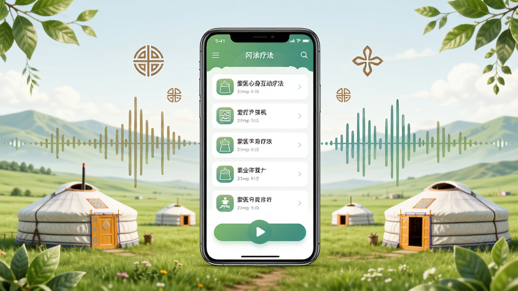 主体是阿吉泰手机应用界面展示,布局为中央放置一部智能手机,屏幕显示蒙医心身互动疗法课程列表和播放按钮,手机周围环绕着草原、蒙古包和舒缓的声波纹理元素,排版采用居中对称式构图,风格为清新健康的医疗养生类UI风格,细节处体现蒙医药文化符号和绿色植物装饰,画质高清、干净、无多余元素