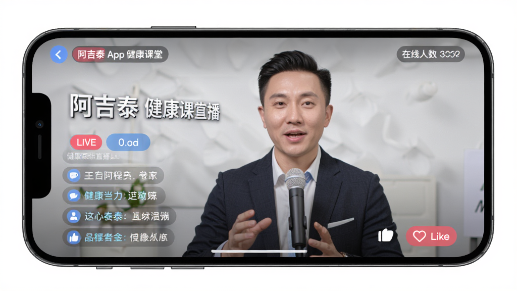 主体是阿吉泰App健康课堂直播界面,布局为手机横屏展示直播画面和评论区,排版上讲师画面占据主要区域,风格为现代在线教育直播风格,细节包括课程标题、在线人数显示和点赞按钮,画质高清、干净、无多余元素