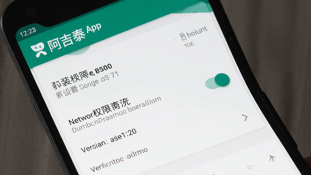 主体是阿吉泰App在手机上的安装与设置界面,布局为手机屏幕展示权限设置页面,排版上设置选项列表清晰可见,风格为简洁的安卓系统设置界面风格,细节包括存储权限、网络权限开关和版本号显示,画质高清、干净、无多余元素