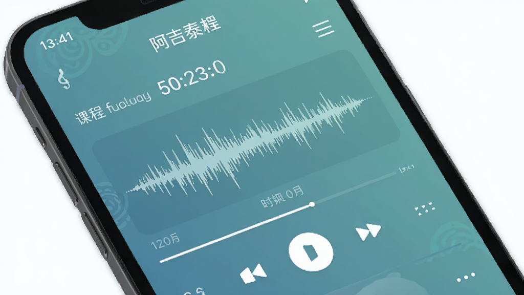 主体是阿吉泰App的音频播放界面,布局为手机屏幕特写展示播放列表,排版上音频波形图居中,风格为柔和蓝绿色调的冥想类应用界面,细节包括播放控制按钮、课程时长标注和蒙文装饰纹样,画质高清、干净、无多余元素