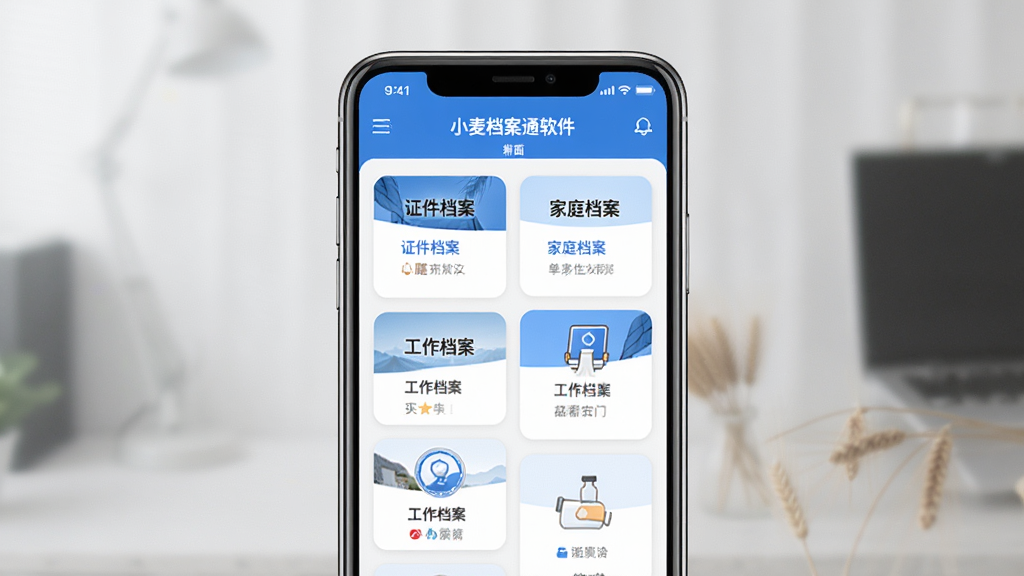 一张展示小麦档案通软件主界面的图片,画面中央是手机屏幕,屏幕内显示档案分类卡片式布局,包含证件档案、家庭档案、工作档案等模块,配色以蓝白为主,风格简洁现代,画面干净清晰,无多余装饰元素,高清画质,适合软件下载站展示。