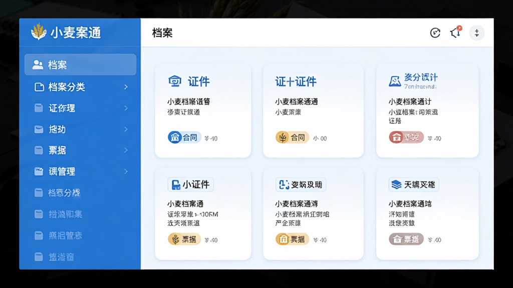 画面展示小麦档案通的多类型档案管理界面,左侧为档案分类列表,右侧为具体档案卡片,卡片上标注证件、合同、票据等标签,整体采用扁平化设计风格,蓝白配色,布局清晰,细节精致,画质干净,适合软件介绍配图。