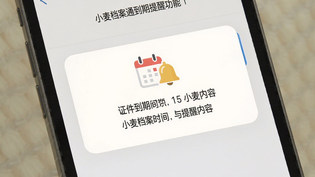小麦档案通到期提醒功能界面,手机屏幕上弹出提醒通知卡片,显示证件到期时间与提醒内容,背景为浅色系,图标采用日历与铃铛组合,风格清新,画面整洁,高清画质。