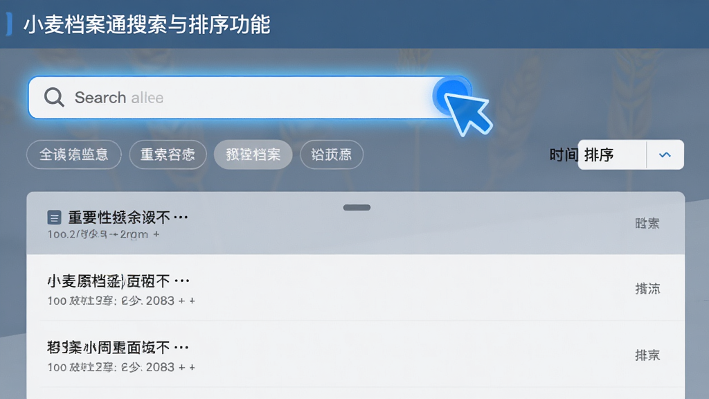 小麦档案通搜索与排序功能界面展示,画面中搜索框处于激活状态,下方显示筛选标签和时间排序选项,档案列表按重要性排列,界面清爽,蓝灰配色,重点突出搜索交互区域,干净无杂乱元素,高清画质。