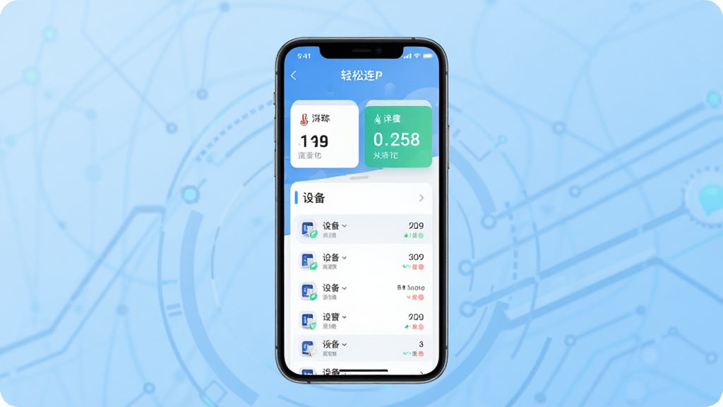 轻松连软件主界面预览图,画面中央展示一部智能手机,手机屏幕上显示轻松连APP的设备管理面板,面板中有温湿度数据卡片与设备列表,背景为浅蓝色科技渐变风格,整体布局简洁清晰,画面干净无多余元素,高清画质