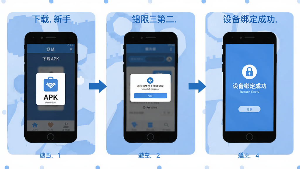 轻松连新手安装操作流程图,画面分为三个步骤从左到右排列,第一步展示手机下载APK文件,第二步展示权限授权弹窗,第三步展示设备绑定成功界面,整体风格为扁平化信息图,配色以蓝白为主,布局清晰,画质干净