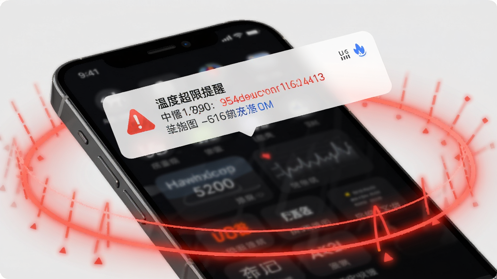 轻松连告警推送功能展示图,画面中一部手机屏幕上方弹出告警通知横幅,通知内容显示温度超限提醒,手机背景为深色模式,周围环绕红色警示光圈效果,整体风格科技感强,布局简洁,画质高清