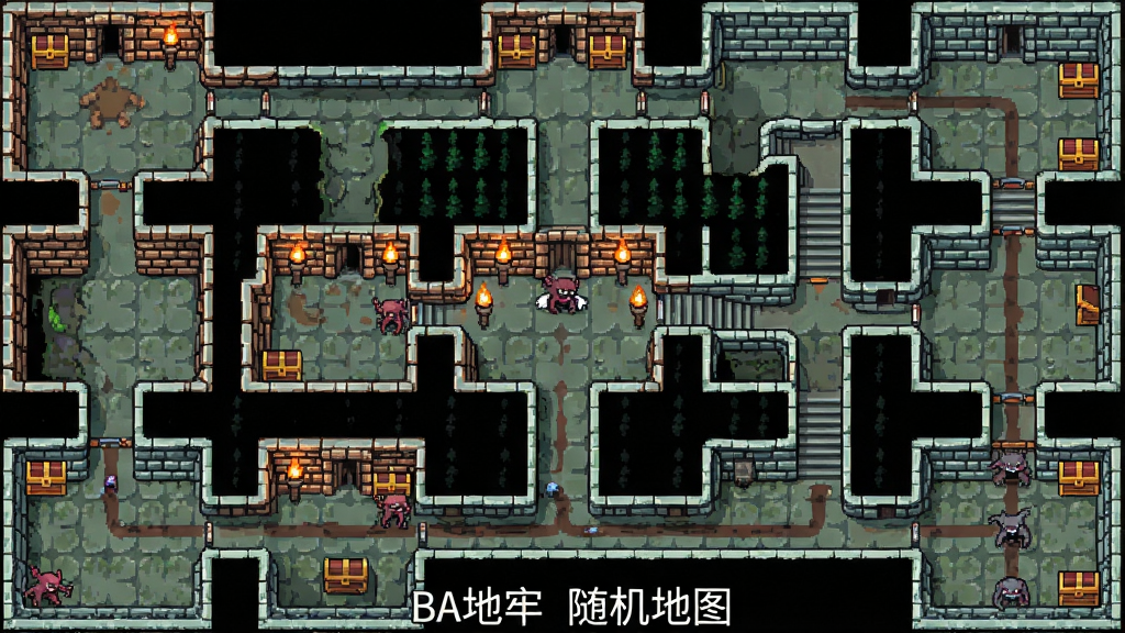 画面展示随机生成的地牢俯视图,主体为像素风格迷宫通道与房间,布局错落有致,排版为全景视角,风格为复古RPG地图,细节包括墙壁火把、楼梯入口、怪物巡逻路径、宝箱位置,画质清晰干净,无多余元素,画面中文字为“BA地牢 随机地图”