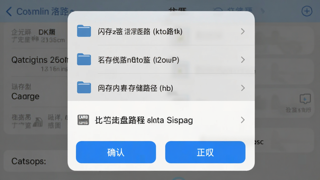 闪存云盘存储路径设置界面展示,主体为手机设置页面中的路径选择弹窗,布局上方为路径选项列表,中部为当前路径显示,下方为确认与取消按钮,排版清晰,风格为移动端UI设计风,细节包含文件夹图标、内存卡标识、蓝色高亮选中状态,画质清晰干净,无多余元素