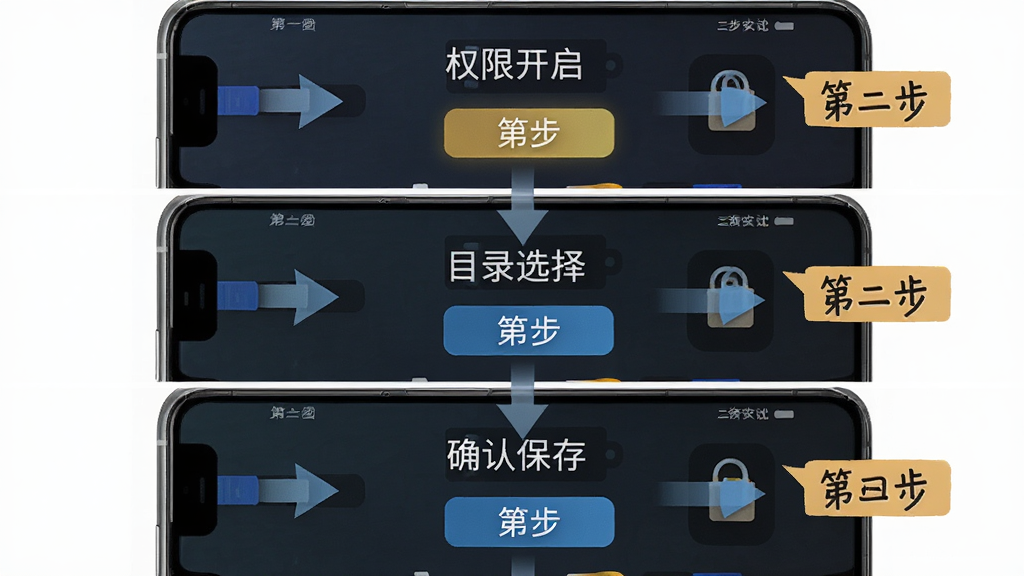 闪存云盘使用指南操作步骤示意图,主体为手机屏幕分步展示设置路径的过程,布局从上到下依次为权限开启、目录选择、确认保存三个画面,排版纵向排列,风格为教程图解风,细节包含箭头指引、高亮按钮、文字标注“第一步”“第二步”,画质清晰干净,无多余元素