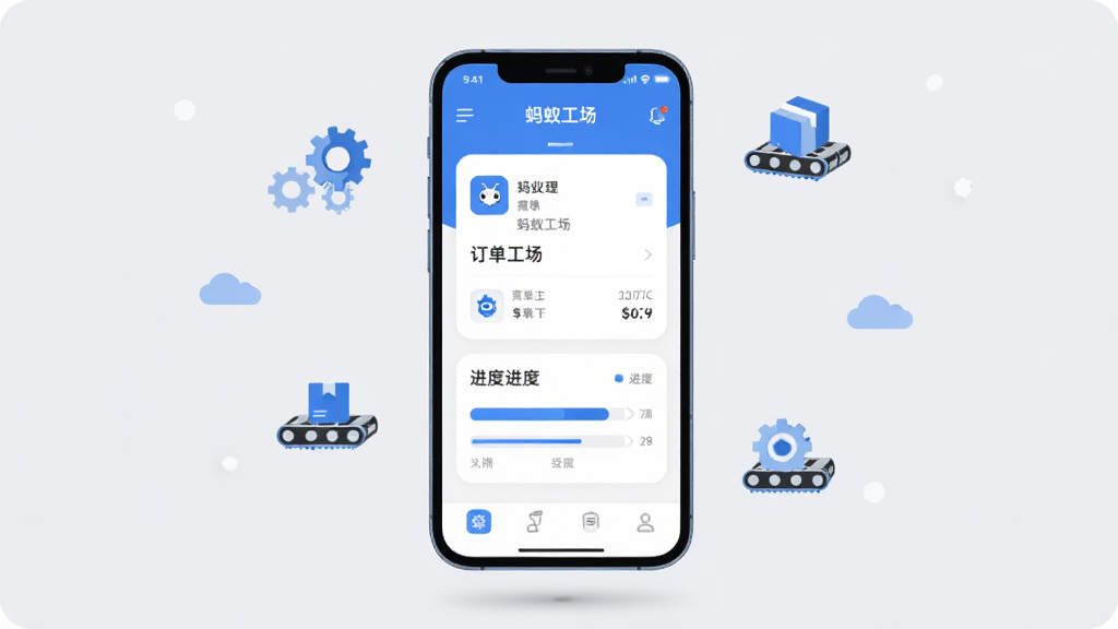 主体为一部智能手机屏幕,屏幕上显示“蚂蚁工场”应用界面,包含订单管理卡片和进度条;布局采用居中构图,手机悬浮在浅灰色背景上方;排版简洁现代,周围环绕微小的齿轮与传送带图标;风格为扁平化科技插画,蓝色与白色为主色调;细节上界面文字清晰可见,图标圆润;画质高清,干净,无多余元素