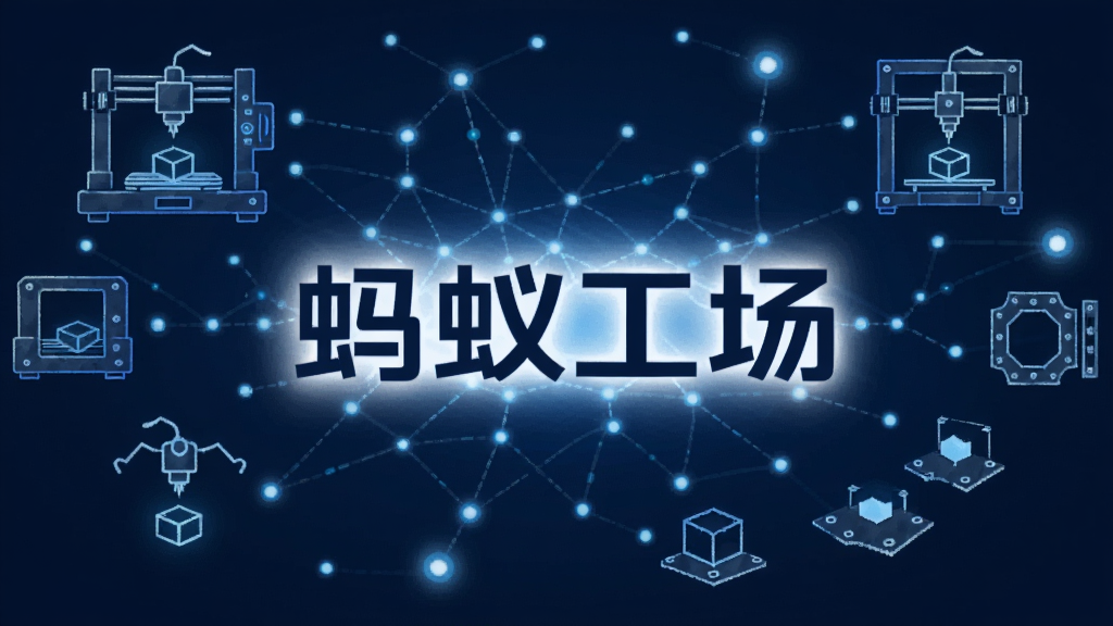 主体为“蚂蚁工场”文字标识与一个发光的智能匹配网络图;布局为文字居中,网络节点向四周扩散;排版采用上下结构;风格为深蓝色科技感插画;细节包含CNC机床、3D打印机、钣金件的简笔轮廓;画质清晰,干净,无多余元素