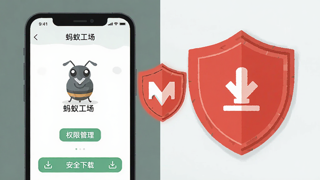 主体为“蚂蚁工场”手机应用界面与一个红色盾牌图标;布局为左右对比,左侧为正常操作界面,右侧为安全提示符号;排版简洁;风格为扁平化警示插画;细节包含“权限管理”“安全下载”文字标签;画质清晰,干净,无多余元素