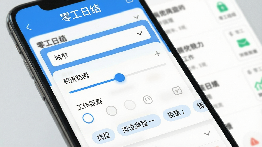零工日结软件岗位筛选界面,手机屏幕显示筛选条件面板,包含城市选择、薪资范围滑块、工作距离选项、岗位类型标签,背景是模糊的岗位列表,界面风格清新,蓝色主色调,布局合理,细节精致,画质清晰,干净无多余元素,画面中带有
