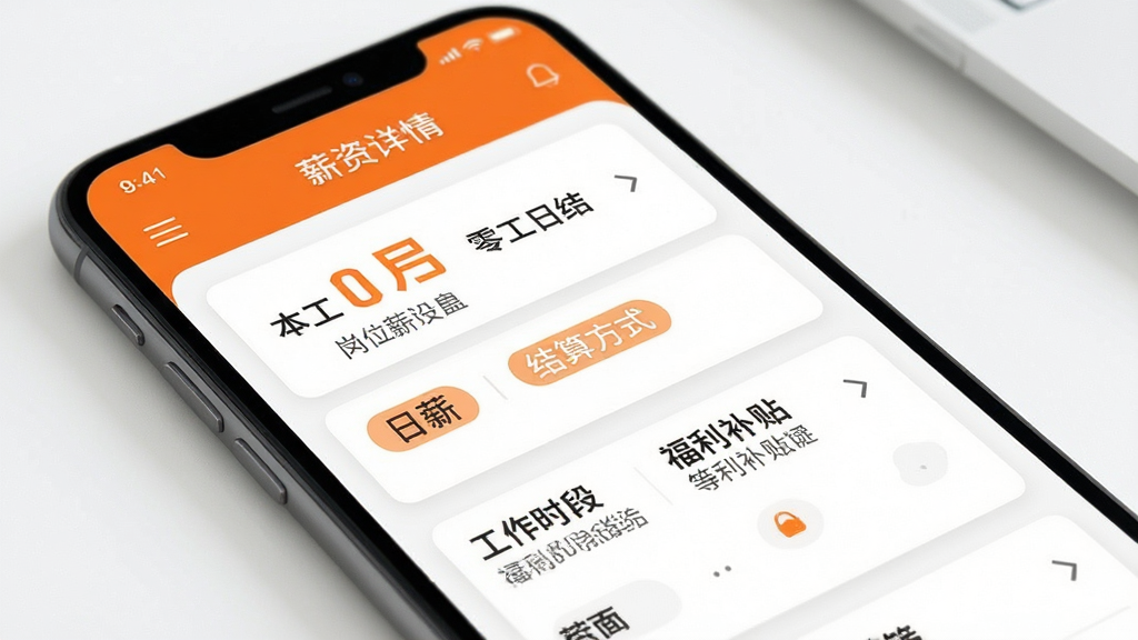 零工日结软件薪资详情页面,手机屏幕展示岗位薪资明细,包含日薪金额、结算方式标签、工作时间段、福利补贴等模块,数字突出显示,界面排版整齐,橙色和白色为主色调,风格明快,细节清晰,画质干净,无多余元素
