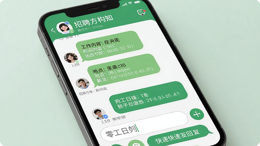 零工日结软件聊天沟通界面,手机屏幕展示聊天对话框,对话气泡中包含工作内容、时间、地点、薪资等信息,顶部显示招聘方名称,底部有输入框和快捷回复按钮,界面简洁,绿色和白色搭配,风格亲和,细节清晰,画质干净,无多余元素