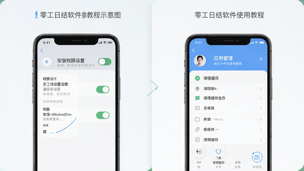 零工日结软件使用教程示意图,手机屏幕展示安装权限设置页面和清理缓存操作步骤,画面分为左右两部分,左侧为权限开关界面,右侧为应用管理界面,风格简洁明了,配色清爽,细节清晰,画质干净,无多余元素