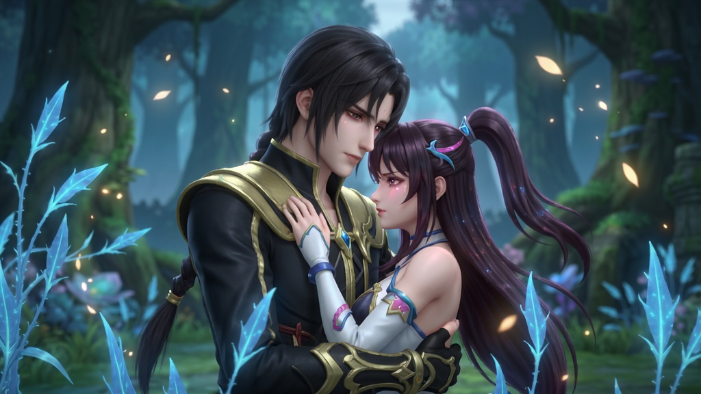 斗罗大陆:魂师对决 剧情过场动画 画面截图,主体为唐三与小舞在星斗大森林中相拥,布局为全屏CG构图,排版突出人物情感张力,风格为唯美奇幻动画风,细节包含蓝银草环绕、柔光粒子特效,画质电影级、干净、无多余元素