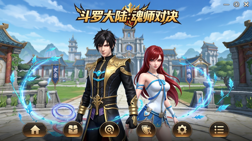 斗罗大陆:魂师对决 安卓版 游戏主界面截图,画面中央展示唐三与小舞并肩而立,背景是史莱克学院全景,布局为上方显示游戏Logo“斗罗大陆:魂师对决”,下方为功能按钮,排版采用居中对称,风格为3D奇幻国风,细节包括魂环光效、蓝银草缠绕特效,画质高清、干净、无多余元素