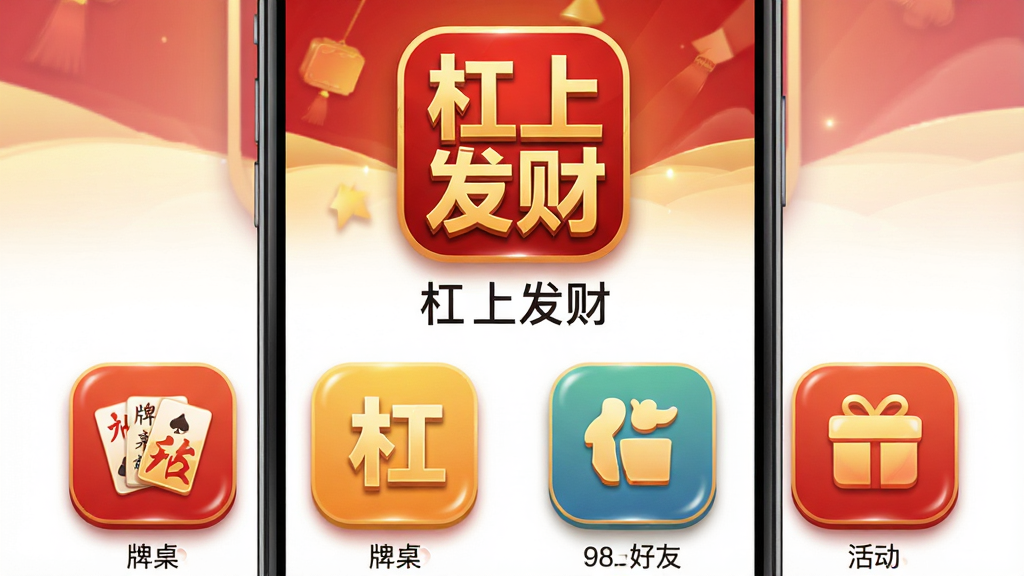 一款手机应用主界面的展示图,屏幕中央是“杠上发财”的应用图标和名称,下方排列着几个大尺寸功能入口图标,包括牌桌、好友、活动等,整体配色以红金为主,风格喜庆简洁,布局清晰,细节包括图标阴影和按钮高光,画质干净,无多余元素