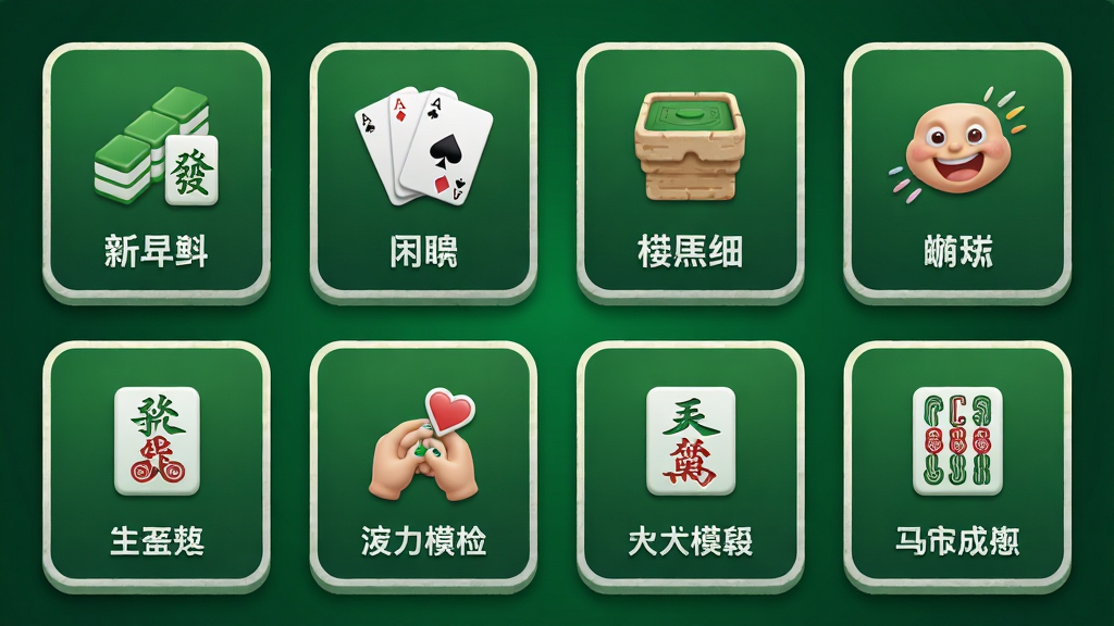 一张展示多种棋牌玩法选择界面的图片,画面中并排排列着麻将、扑克等不同玩法的卡片式入口,每张卡片上有对应的图标和名称,背景为深绿色渐变,卡片带有轻微立体感,风格统一整洁,细节包括卡片圆角和图标线条,画质清晰,无多余元素