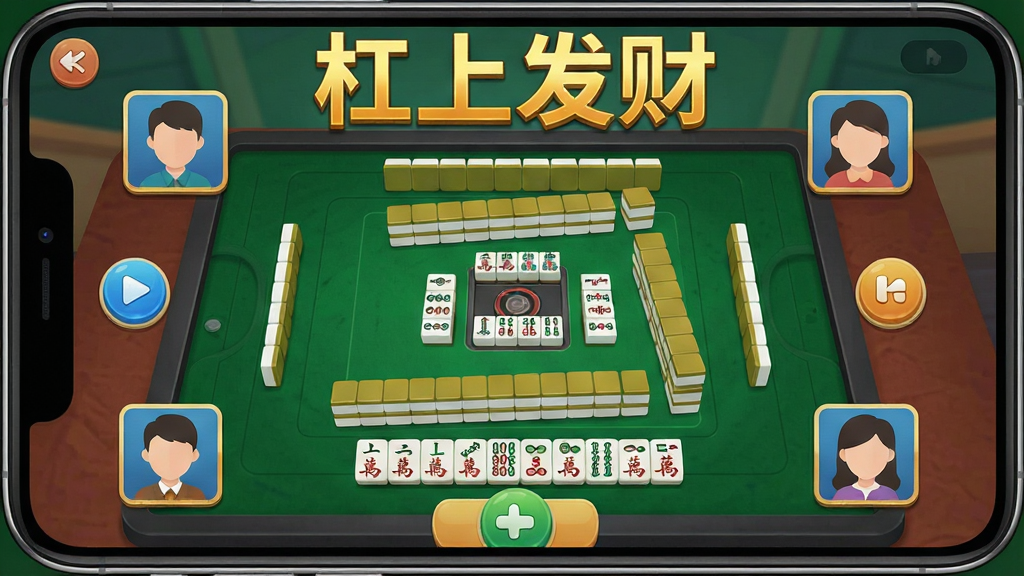 一张手机屏幕展示棋牌游戏界面的图片,画面中央是绿色的牌桌桌面,桌面上整齐排列着麻将牌,牌面清晰可见,周围有四个玩家头像位置,界面顶部显示“杠上发财”四个金色大字,整体布局简洁明快,风格为扁平化休闲游戏UI,细节包括牌桌纹理、玩家头像框、操作按钮,画质清晰干净,无多余元素