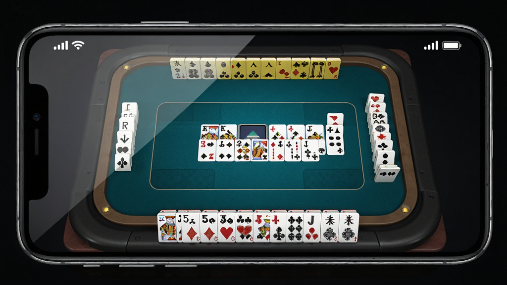 一张手机屏幕上显示棋牌游戏运行流畅的图片,画面中牌桌布局完整,手牌排列整齐,屏幕上方有网络信号和电量图标,背景为深色环境,风格写实清晰,细节包括手机边框和屏幕反光,画质干净,无多余元素