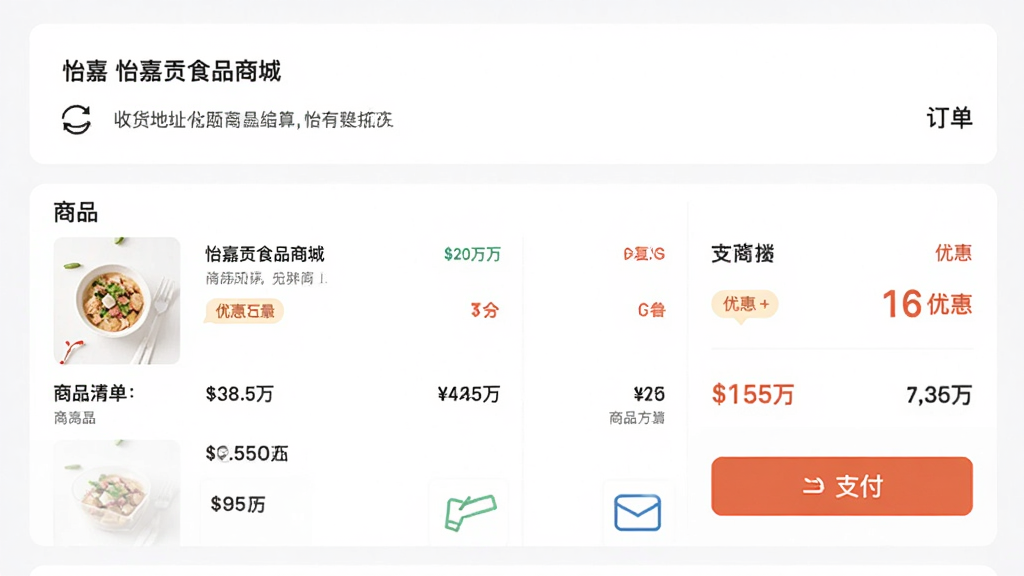 主体为“怡嘉贡食品商城”应用的订单结算页面,布局为顶部收货地址卡片、中间商品清单与底部支付按钮,排版层次分明,风格为简约商务,细节包括价格汇总、优惠标签与支付图标,画质高清,干净,无多余元素