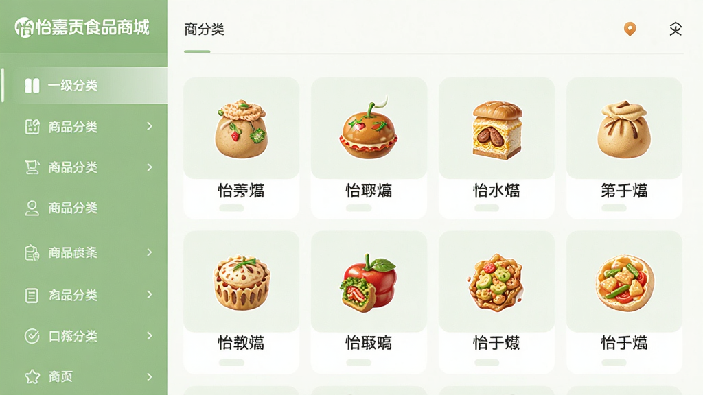 主体为“怡嘉贡食品商城”应用的商品分类页面,布局为左侧一级分类导航与右侧二级分类网格,排版整齐,风格为清新浅色系,细节包括各类食品图标与文字标签,画质清晰,干净,无多余元素