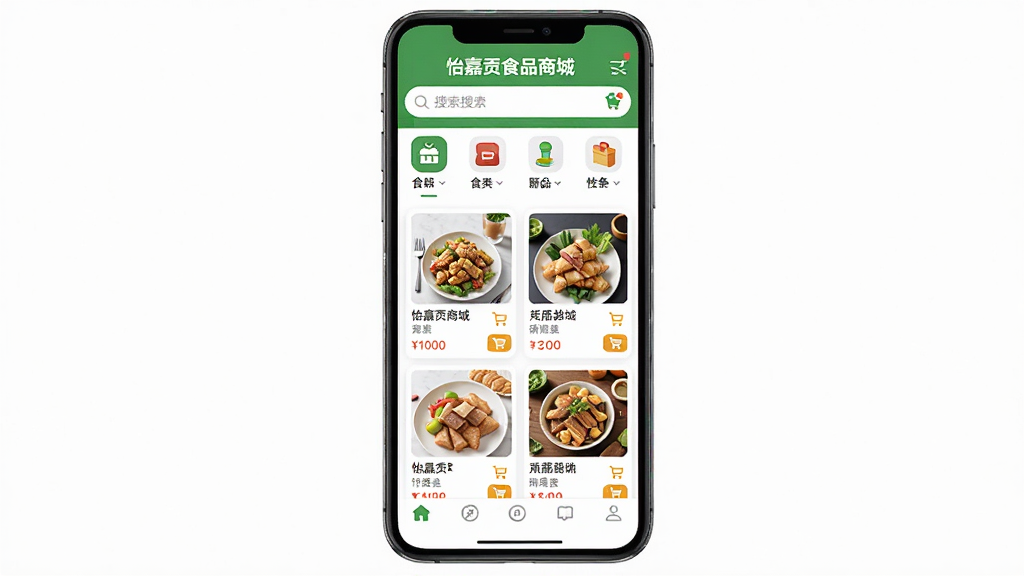 主体为一部智能手机,屏幕上显示“怡嘉贡食品商城”应用界面,布局为顶部搜索栏与商品分类图标,中间为食品商品卡片列表,底部为导航菜单,排版简洁清晰,风格为现代扁平化设计,细节包括商品缩略图、价格标签与购物车图标,画质高清,干净,无多余元素