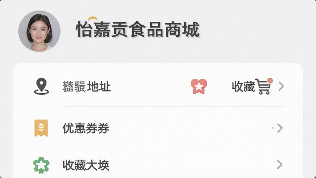 主体为“怡嘉贡食品商城”应用的个人中心页面,布局为顶部用户头像与下方功能列表,排版规整,风格为浅灰质感,细节包括地址管理、优惠券、收藏夹等图标与文字,画质清晰,干净,无多余元素