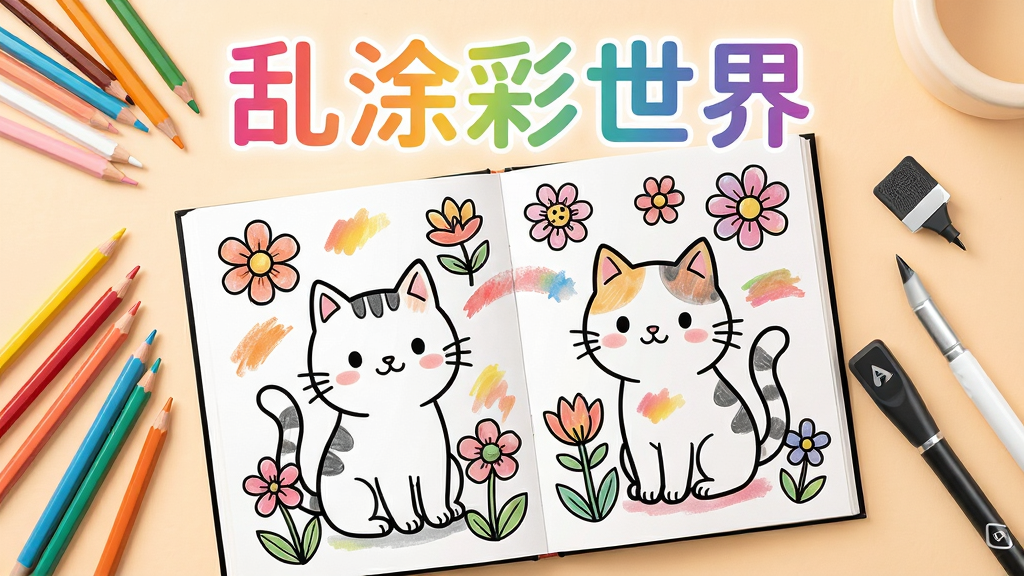 画面中央是一本摊开的黑白线稿涂色书,书页上绘制着可爱的卡通猫咪与花朵图案,周围散落着彩色铅笔与数字画笔,背景是柔和的暖色调,画面布局采用俯视视角,上方用彩色渐变字体写着“乱涂彩世界”,整体风格清新治愈,细节处可见画笔笔触与色彩晕染效果,画质高清,画面干净,无多余元素