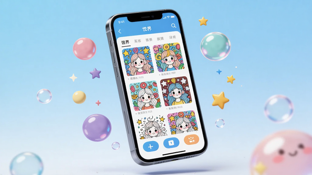 画面主体是一台悬浮的智能手机,屏幕中展示着乱涂彩世界的图库界面,界面内排列着多张不同主题的涂色线稿缩略图,手机周围环绕着彩色气泡与星星装饰,布局采用居中构图,背景为浅蓝色渐变,风格偏向科技与可爱结合,细节处可见界面按钮与分类标签,画质清晰,画面干净,无多余元素