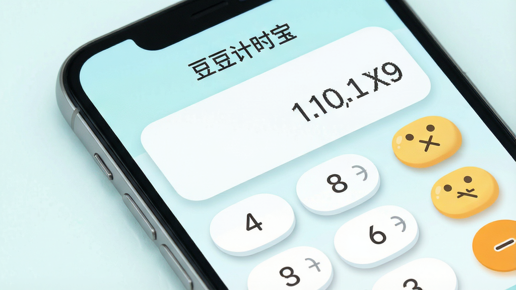 一张展示豆豆计时宝计算功能界面的图片,画面中手机屏幕显示数字键盘和计算结果显示区域,屏幕上方标注“豆豆计时宝”软件名称,主体为手机正面特写,布局清晰,风格为清新浅色风,细节上采用圆角按钮和柔和阴影,画质清晰,干净无多余元素