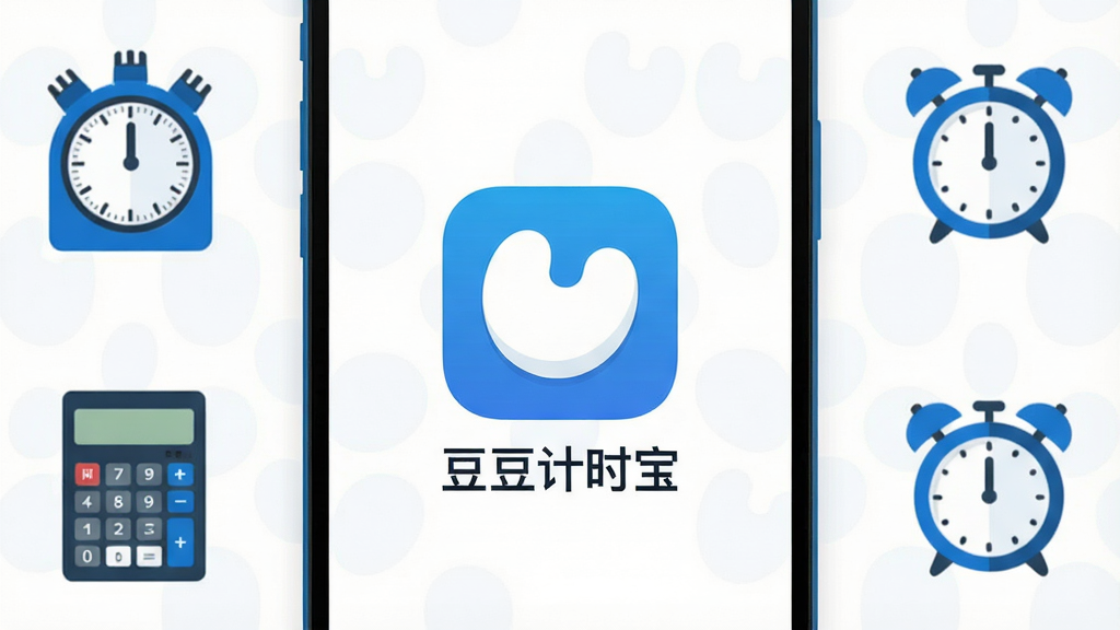一张展示安卓手机桌面的图片,画面中央是豆豆计时宝应用图标,图标下方显示软件名称“豆豆计时宝”,手机周围摆放着计时器、计算器、闹钟等简洁小图标作为装饰元素,主体突出,布局居中对齐,风格为扁平化科技风,细节上采用蓝白配色,整体干净整洁,画质清晰,无多余元素