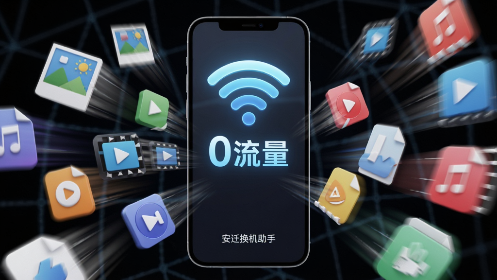 画面中心是一部智能手机,屏幕上方悬浮着一个发光的Wi-Fi信号图标和“0流量”字样,手机两侧有大量文件图标(照片、视频、音乐)以高速流线形态涌入手机。布局为纵向居中,背景为深色科技感网格,细节上文件图标带有速度线,手机底部有“安迁换机助手”文字标识。风格为3D渲染科技风,画质锐利干净,无多余元素。