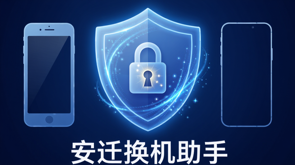 画面中央是一个发光的盾牌图标,盾牌内部有一把锁,盾牌两侧分别是旧手机和新手机的轮廓,盾牌下方有“安迁换机助手”字样。布局为居中对称,背景为深蓝色渐变,细节上盾牌表面有流光纹理,锁孔处有微光闪烁。风格为安全主题插画,画质干净锐利,无多余元素。