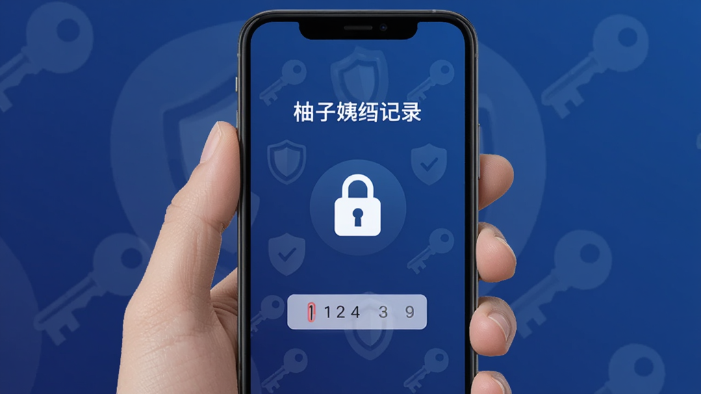 一部手机被一只手拿着,屏幕显示“柚子姨妈记录”的密码锁界面,界面中央有一个锁形图标和密码输入框,背景为深蓝色渐变,周围有隐约的盾牌和钥匙图案作为装饰,整体传递安全可靠的视觉感受,画质干净,无多余元素