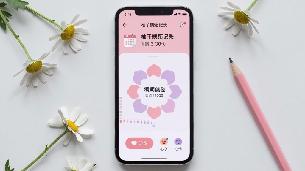 画面中央一部智能手机,屏幕显示“柚子姨妈记录”应用界面,界面以柔和的粉色和浅紫色为主色调,顶部有日历图标和周期天数显示,中部有花朵形状的周期圆环图表,底部有记录按钮和心情图标;手机周围散落着几朵白色小雏菊和一支粉色铅笔;背景为干净的浅灰色桌面,光线柔和;整体风格清新简约,扁平化设计,画质清晰,无多余元素