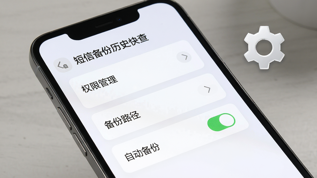 一张手机屏幕展示「短信备份历史快查」软件设置页面的图片,画面中有权限管理、备份路径选择、自动备份开关等选项,界面采用卡片式布局,浅色背景,手机旁边有齿轮图标象征设置,整体风格简约,画质清晰,干净无多余元素