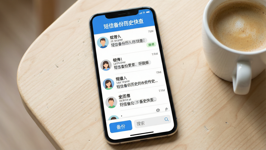 一张手机屏幕展示短信列表界面的图片,画面中央是「短信备份历史快查」软件的主界面,顶部有软件名称「短信备份历史快查」的文字标识,下方排列着多条短信对话记录,每条记录包含联系人头像、姓名和短信预览内容,界面底部有备份按钮和搜索栏,整体风格简洁清爽,采用蓝白配色方案,手机放置在浅色桌面上,旁边有一杯咖啡,画质清晰,干净无多余元素
