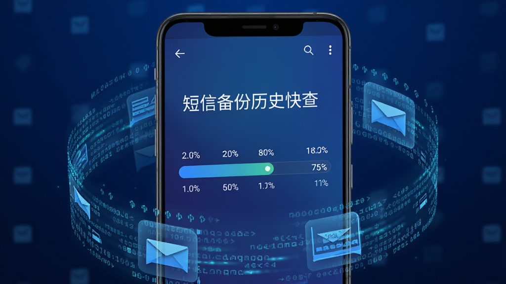 一部安卓手机屏幕显示「短信备份历史快查」软件的备份进度界面,画面中有进度条显示备份百分比,背景是深蓝色渐变,屏幕上方有「短信备份历史快查」字样,手机周围环绕着数据流的视觉效果,象征短信数据正在被安全备份,整体风格科技感强,画质清晰,干净无多余元素