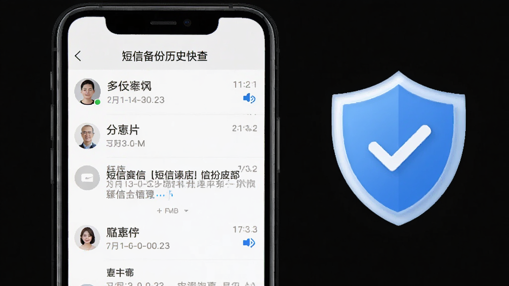 一部手机屏幕展示「短信备份历史快查」软件的短信详情查看页面,画面中有联系人姓名、短信收发时间、短信内容等详细信息,界面设计简洁,采用浅色背景,屏幕旁边有一个盾牌图标象征安全保护,整体画面干净整洁,画质清晰,无多余元素