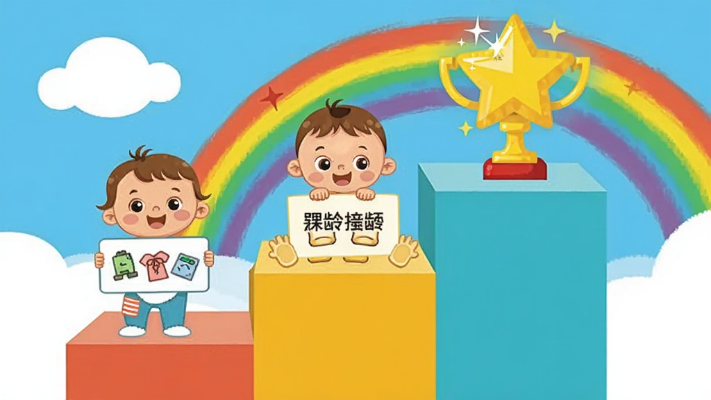 宝宝启蒙入门课分龄课程体系示意图,画面以阶梯形式展示三个阶段,每层阶梯上站着不同年龄段的卡通宝宝,手中举着对应学习内容的标牌,阶梯顶端是一颗闪亮的星星奖杯,背景为蓝天白云和彩虹,风格为扁平化儿童插画,色彩明亮,画质高清,画面干净,无多余元素