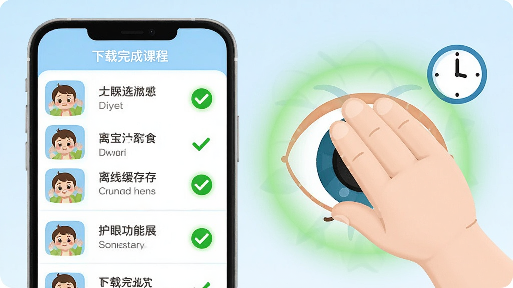 宝宝启蒙入门课离线缓存与护眼功能展示,画面左侧是下载完成的课程列表带有绿色对勾标记,右侧是一个卡通眼睛被温柔的手掌遮挡,周围环绕着柔和的绿色光晕和时钟图标,背景为浅蓝色渐变,风格为简约儿童插画,画质高清,画面干净,无多余元素
